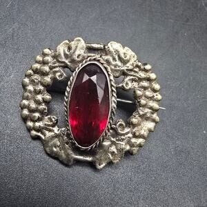 Vintage Italian Red Glass Grape Leaf Brooch SIlver Tone C Clasp